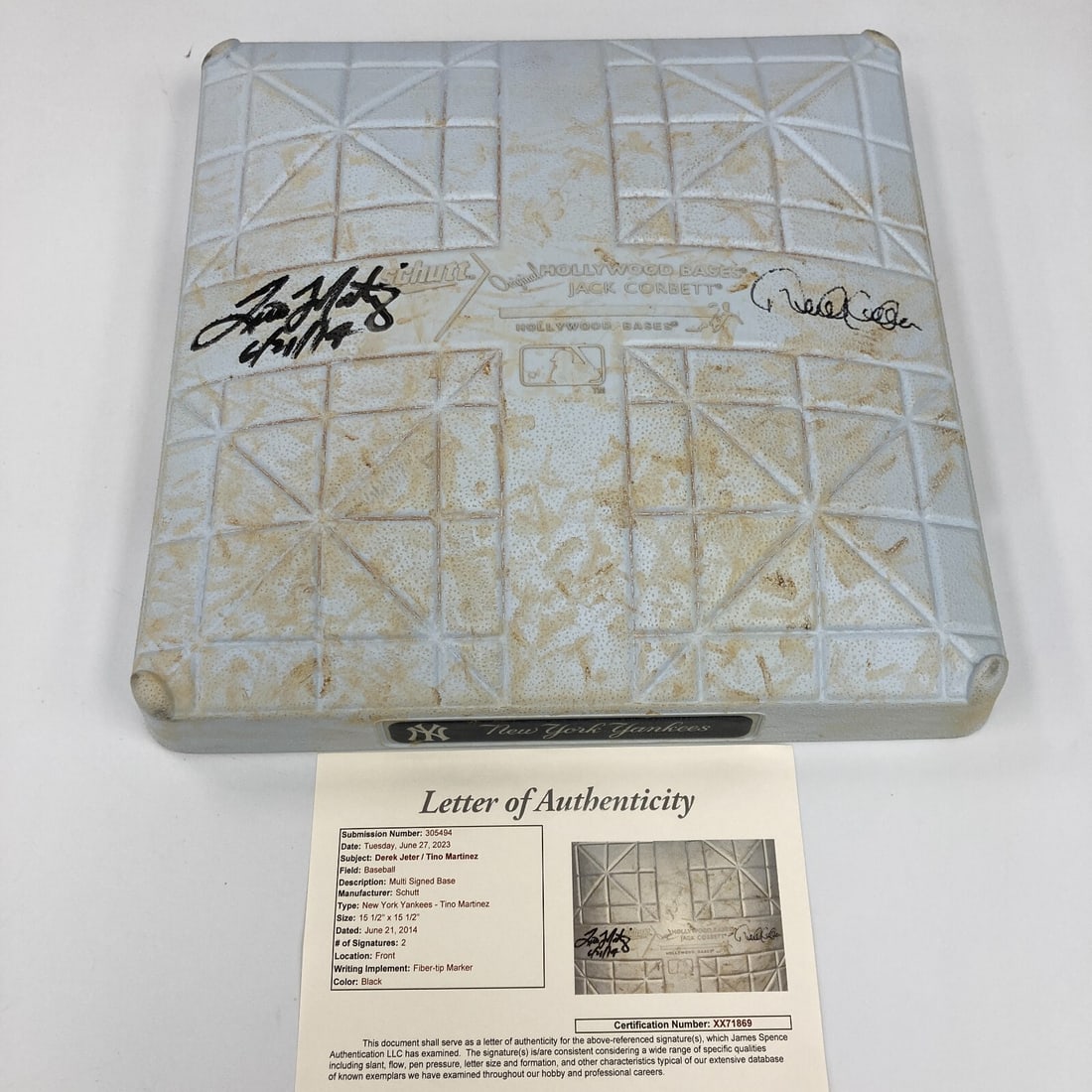 Derek Jeter Tino Martinez Signed Game Used Base Tino Martinez Day JSA MLB Authenticated: Derek Jeter Tino Martinez Signed Game Used Base Tino Martinez Day JSA MLB Authenticated This remarkable collectible features a game-used first base from Tino Martinez Day on June 21, 2014, signed by b
