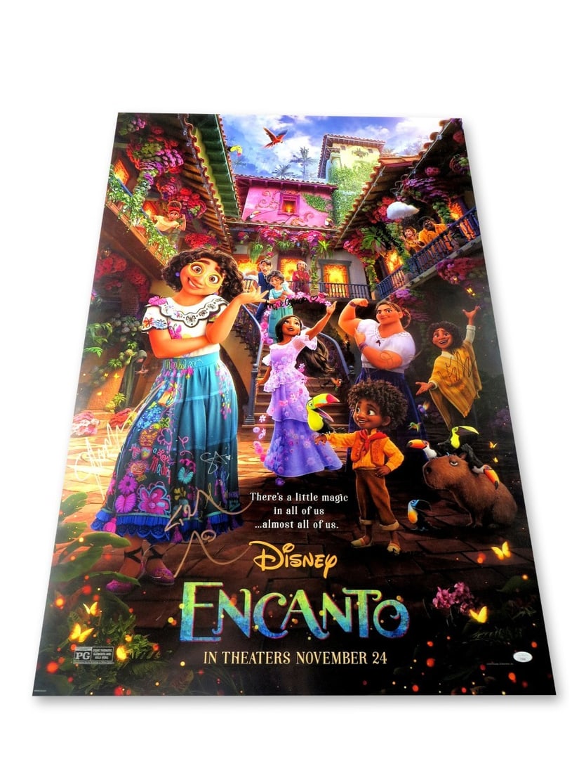 Encanto Cast Autographed Poster 27X40 JSA Authenticated: Encanto Cast Autographed Poster 27X40 JSA Authenticated This original 27" x 40" poster from the animated film "Encanto" features the signatures of the beloved cast members, including John Leguizamo, L