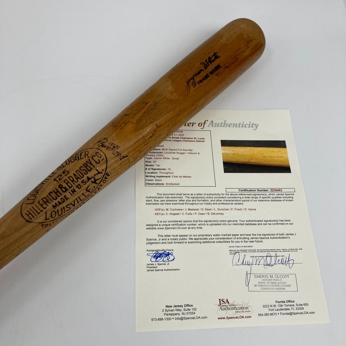 1934 St. Louis Cardinals Signed Game Issued Bat with JSA COA: 1934 St. Louis Cardinals Signed Game Issued Bat with JSA COA This authentic 1934 St. Louis Cardinals World Series Champs baseball bat features 19 signatures from legendary players, including Mickey Co