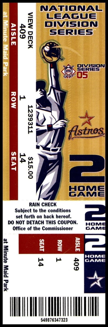 2005 NLDS Game 4 Astros Braves Full Ticket Clemens Win 18 Innings: 2005 NLDS Game 4 Astros Braves Full Ticket Clemens Win 18 Innings This is an officially licensed full ticket from the 2005 NLDS Game 4, featuring the Houston Astros against the Atlanta Braves. The tic