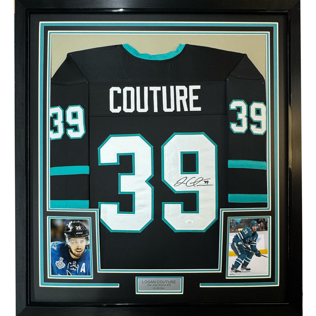 Framed Logan Couture Autographed Black Jersey San Jose Sharks JSA COA 35x39: Framed Logan Couture Autographed Black Jersey San Jose Sharks JSA COA 35x39 Showcase your passion for hockey with this professionally framed autographed Logan Couture jersey from the San Jose Sharks.