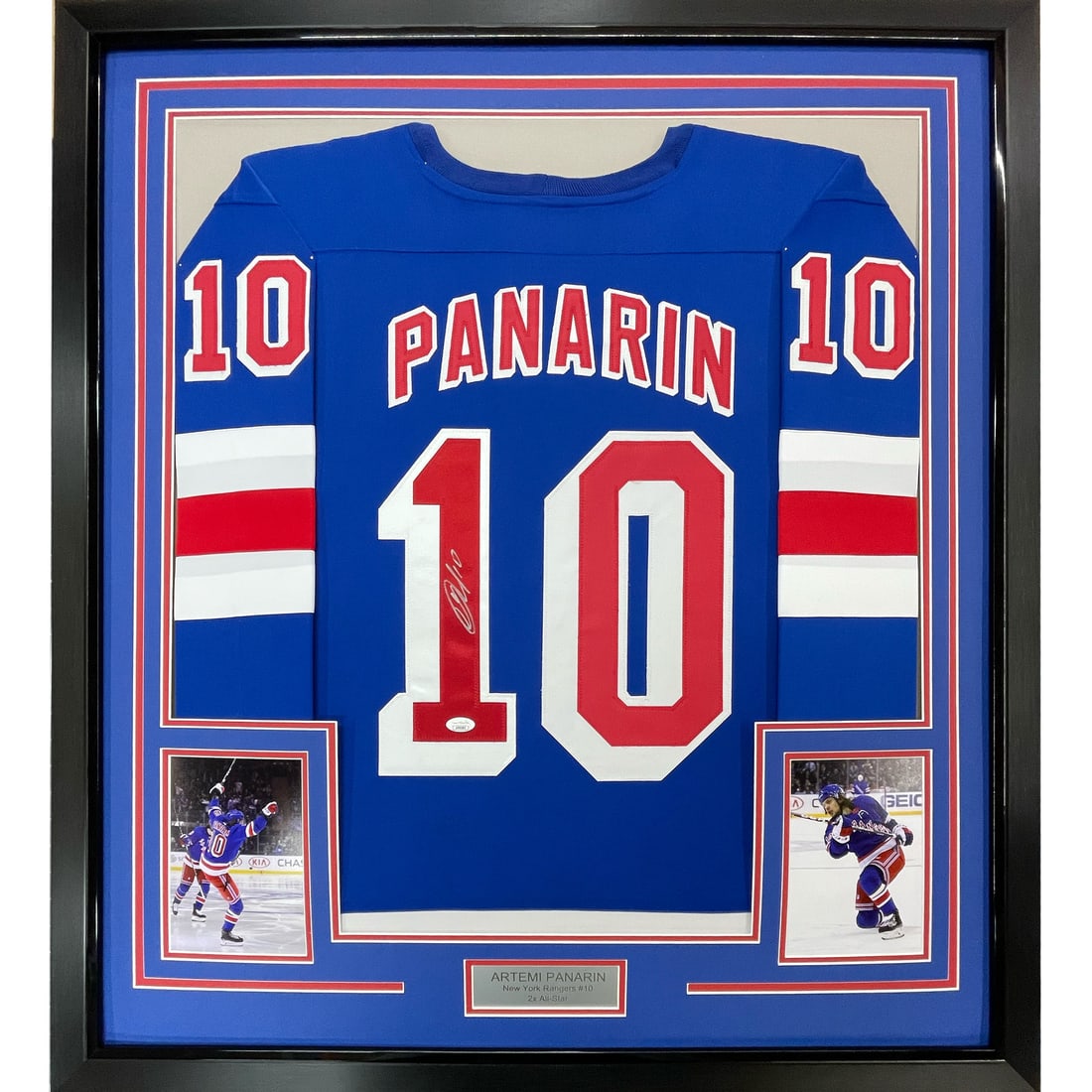 Framed Autographed Artemi Panarin New York Rangers Jersey JSA COA: Framed Autographed Artemi Panarin New York Rangers Jersey JSA COA Celebrate your passion for hockey with this professionally framed and matted autographed jersey of NHL star Artemi Panarin, showcasing