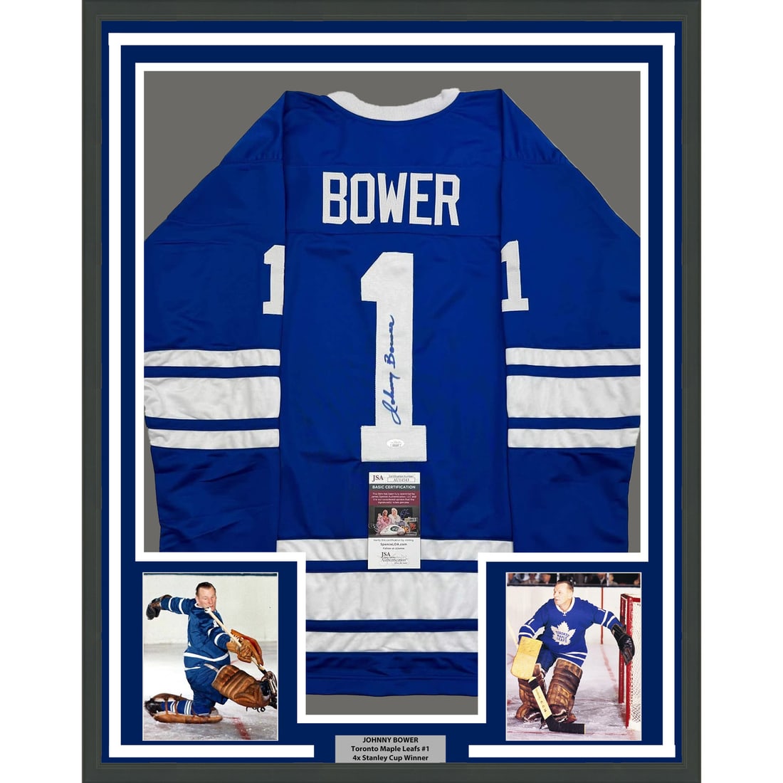 Framed Signed Johnny Bower Toronto Maple Leafs Jersey with JSA COA: Framed Signed Johnny Bower Toronto Maple Leafs Jersey with JSA COA Celebrate the legacy of hockey legend Johnny Bower with this framed autographed Toronto Maple Leafs jersey. Measuring an impressive 3