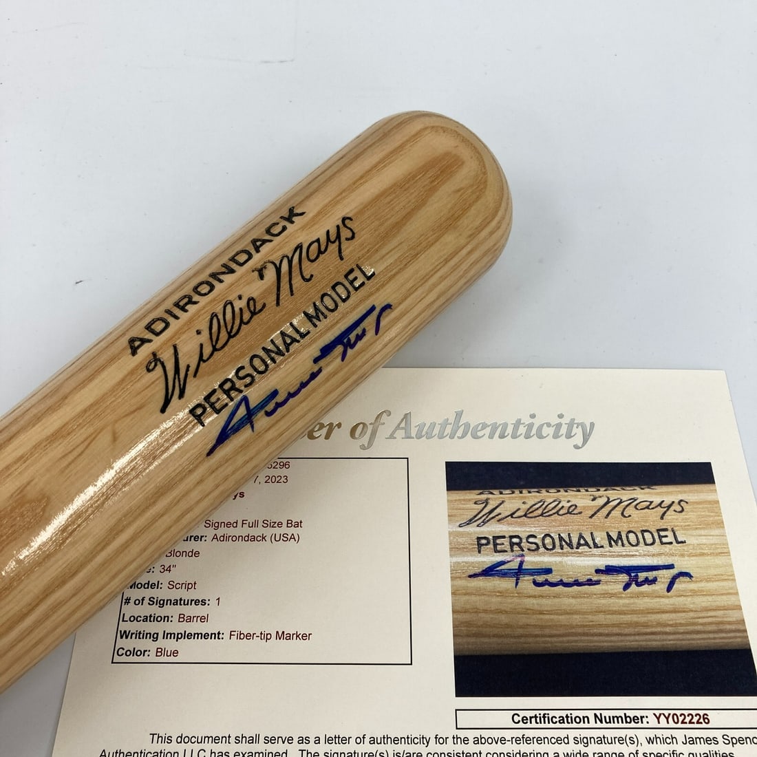 Willie Mays Signed Adirondack Game Model Bat JSA Authenticated (1 of 6)