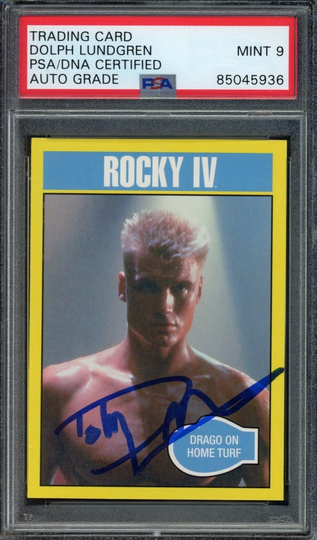 Dolph Lundgren Signed Rocky IV 2016 TOPPS Card #181 PSA/DNA MINT 9: Dolph Lundgren Signed Rocky IV 2016 TOPPS Card #181 PSA/DNA MINT 9 This is an original, autographed 2016 TOPPS card featuring Dolph Lundgren from the iconic film Rocky IV. The card is graded PSA/DNA M