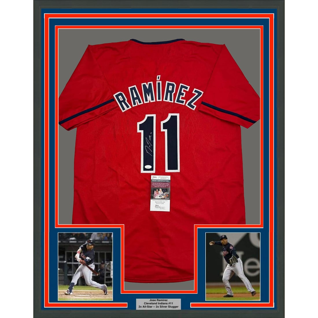 Framed Jose Ramirez Autographed Cleveland Indians Jersey with JSA COA: Framed Jose Ramirez Autographed Cleveland Indians Jersey with JSA COA This stunning piece features a framed, autographed jersey of MLB star Jose Ramirez, celebrating his time with the Cleveland Indian