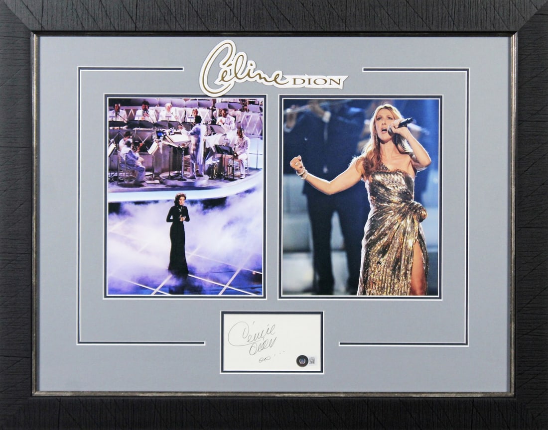 Celine Dion Signed Framed 3x5 Index Card with BAS Authentication: Celine Dion Signed Framed 3x5 Index Card with BAS Authentication This stunning framed display features an authentic autograph of Celine Dion on a 3x5 index card, making it a perfect collectible for fa