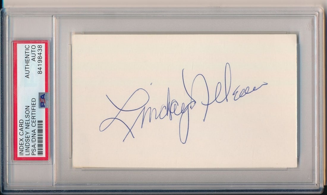 Lindsey Nelson HOF Autographed 3x5 Index Card New York Mets PSA/DNA: Lindsey Nelson HOF Autographed 3x5 Index Card New York Mets PSA/DNA This offering features a Lindsey Nelson Hall of Fame autographed 3x5 index card, honoring the legendary New York Mets announcer. The