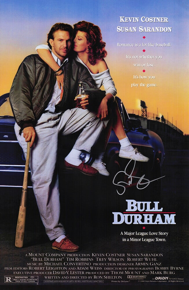 Susan Sarandon Signed Bull Durham Movie Poster 11x17 with COA: Susan Sarandon Signed Bull Durham Movie Poster 11x17 with COA This is an original 11x17 movie poster of 'Bull Durham' signed by Susan Sarandon. The poster features her autograph, accompanied by a tamp
