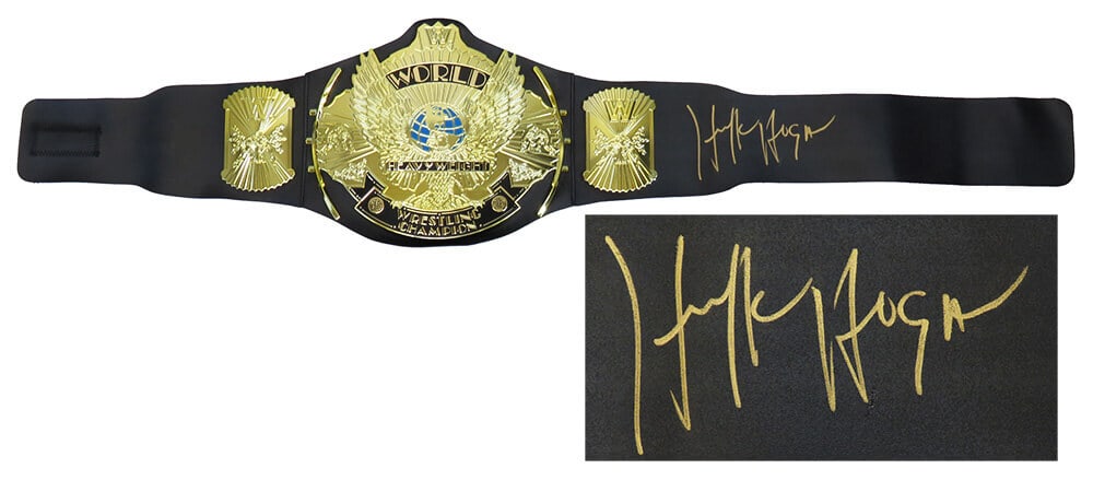 Hulk Hogan Signed WWE Replica Winged Eagle Belt with COA: Hulk Hogan Signed WWE Replica Winged Eagle Belt with COA Celebrate wrestling history with this original Hulk Hogan signed WWE World Heavyweight Champion Winged Eagle black toy replica wrestling belt.