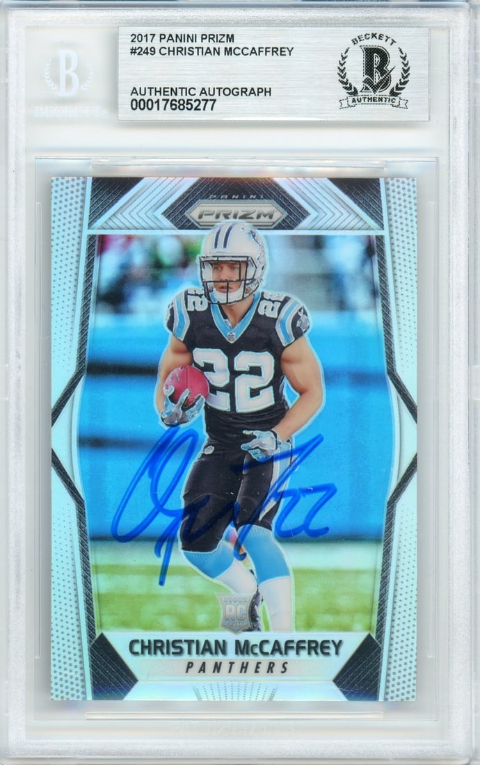 2017 Panini Prizm Silver Christian McCaffrey RC Autographed Card BGS: 2017 Panini Prizm Silver Christian McCaffrey RC Autographed Card BGS This 2017 Panini Prizm Silver #249 trading card features Christian McCaffrey, a standout player for the Carolina Panthers. This car