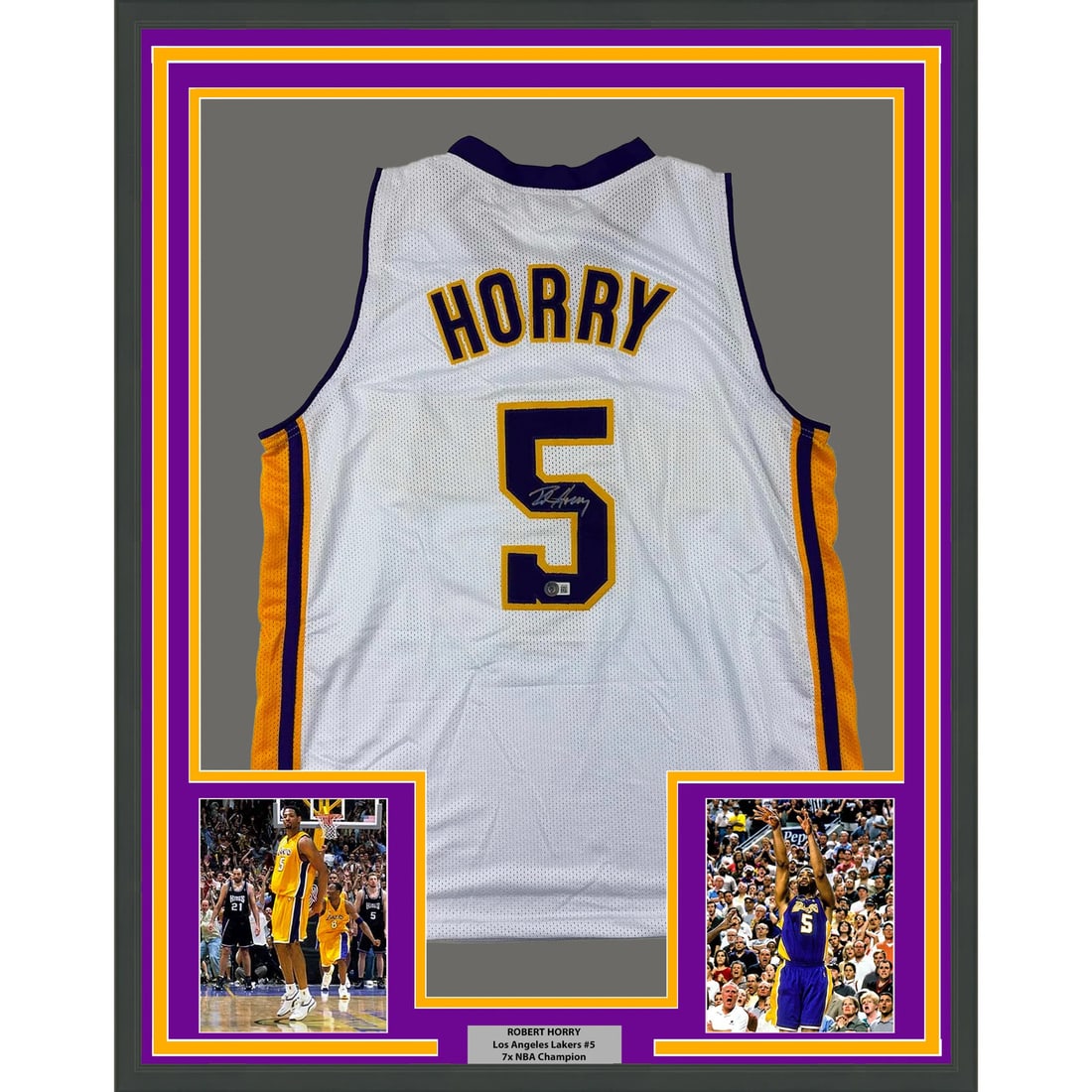 Framed Robert Horry Autographed Lakers Jersey 33x42 BAS COA: Framed Robert Horry Autographed Lakers Jersey 33x42 BAS COA Celebrate the legacy of NBA star Robert Horry with this professionally framed and autographed white Los Angeles Lakers jersey. This original