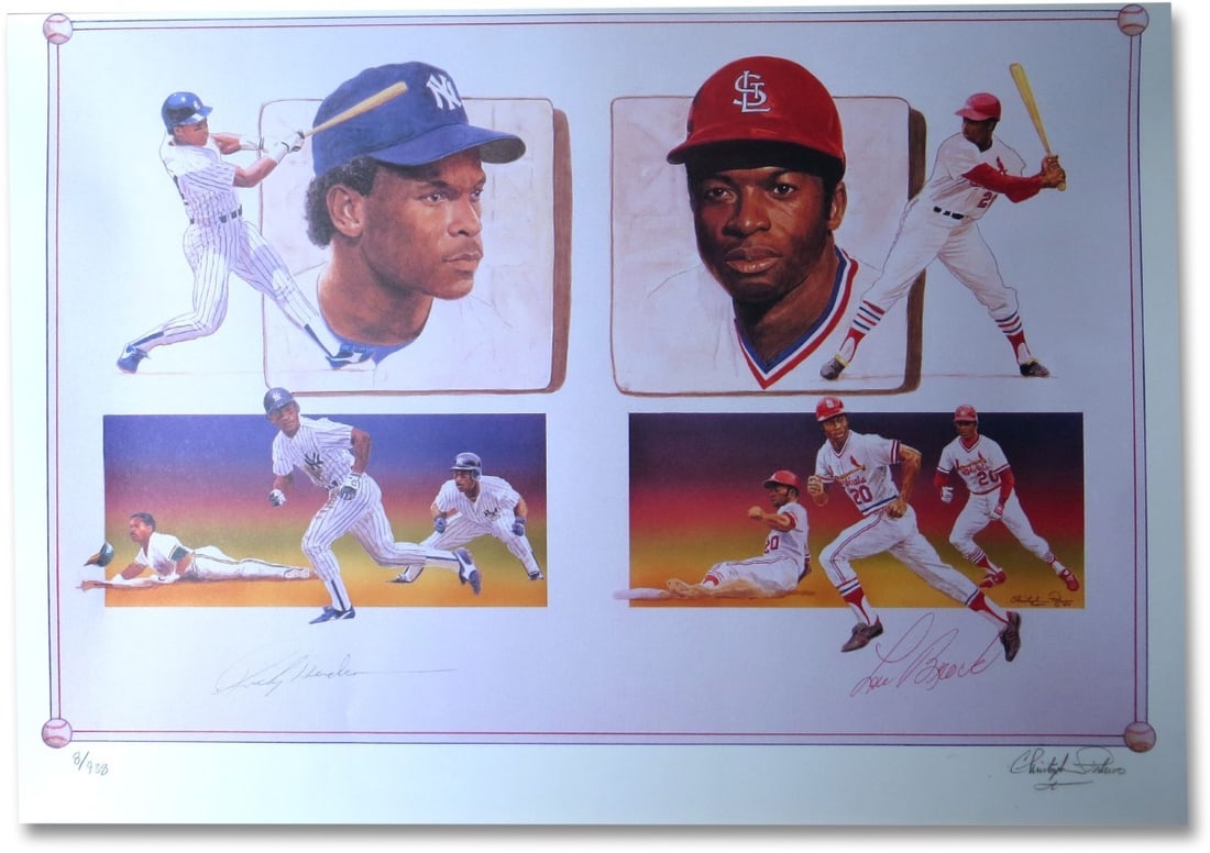 Rickey Henderson Lou Brock Dual Signed 18x24 Lithograph Authentic (1 of 5)