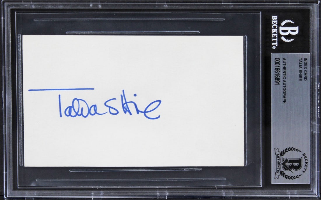 Talia Shire Signed 3x5 Index Card Rocky Beckett Authenticated Slab: Talia Shire Signed 3x5 Index Card Rocky Beckett Authenticated Slab This pre-owned 3x5 index card features an authentic autograph by Talia Shire from Rocky. The signature has been slabbed and authentic