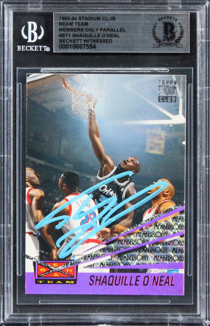 Shaquille O'Neal Signed 1993 Stadium Club Beam Team #BT1 Beckett Slabbed: Shaquille O'Neal Signed 1993 Stadium Club Beam Team #BT1 Beckett Slabbed This autographed 1993 Stadium Club Beam Team Members Only Parallel #BT1 Card has been personally signed by basketball legend Sh