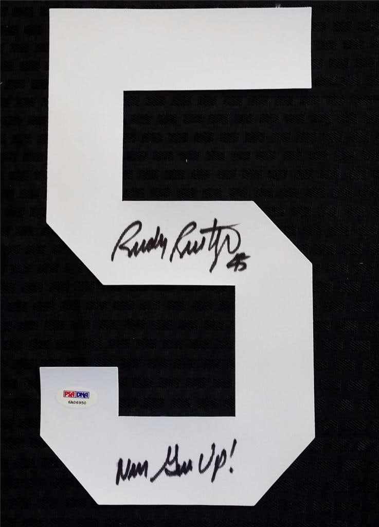 Rudy Ruettiger Signed Notre Dame Jersey Never Give Up PSA/DNA COA: Rudy Ruettiger Signed Notre Dame Jersey Never Give Up PSA/DNA COA Celebrate the spirit of perseverance with this authentic Rudy Ruettiger "Never Give Up" signed Notre Dame jersey, featuring a number p