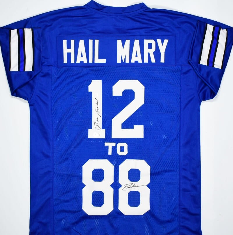 Roger Staubach Drew Pearson Autographed Jersey Dallas Cowboys Beckett Authenticated: Roger Staubach Drew Pearson Autographed Jersey Dallas Cowboys Beckett Authenticated This original blue pro style jersey features the autographs of NFL legends Roger Staubach and Drew Pearson, celebrat