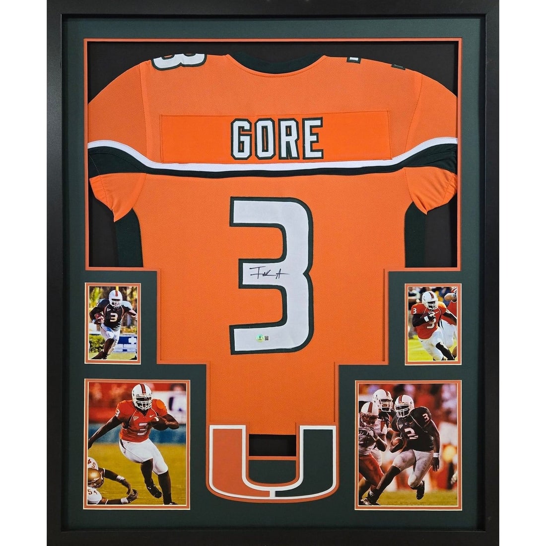 Frank Gore Autographed Framed Jersey Miami Hurricanes Beckett Authenticated 42x34: Frank Gore Autographed Framed Jersey Miami Hurricanes Beckett Authenticated 42x34 Celebrate the legacy of Frank Gore with this stunning framed autographed orange jersey from the Miami Hurricanes. This