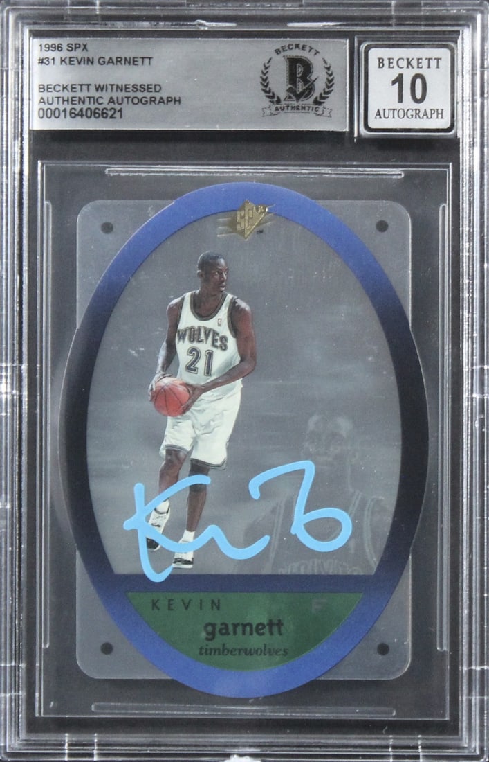 Kevin Garnett Signed 1996 SPX #31 Card Gem Mint 10 Beckett Authenticated: Kevin Garnett Signed 1996 SPX #31 Card Gem Mint 10 Beckett Authenticated This is an autographed 1996 SPX #31 basketball card featuring Kevin Garnett of the Minnesota Timberwolves. Graded Gem Mint 10 b