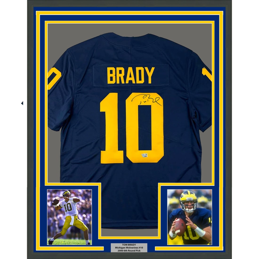 Framed Tom Brady Autographed Michigan Wolverines Jersey Fanatics Authentic 35x39: Framed Tom Brady Autographed Michigan Wolverines Jersey Fanatics Authentic 35x39 This professionally framed and matted piece features a signed Tom Brady Michigan Wolverines football jersey. The jersey