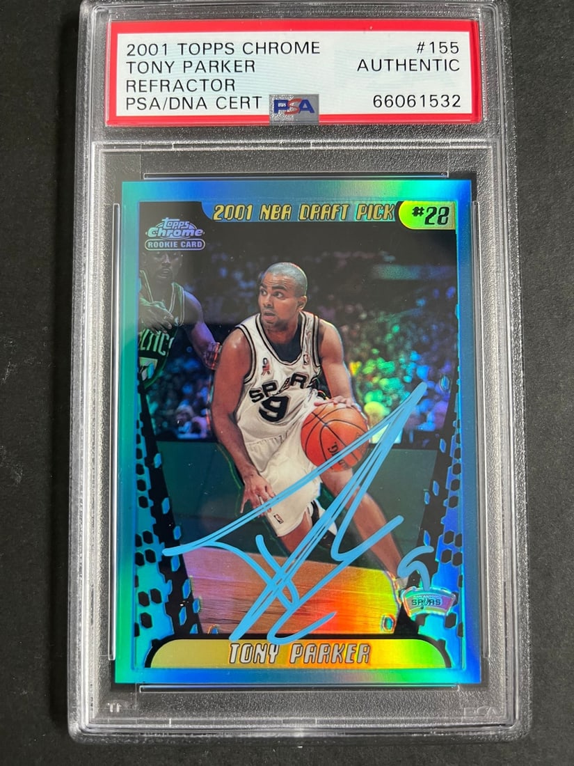 2001 Topps Chrome Refractor #155 Tony Parker Autographed PSA Slabbed Card: 2001 Topps Chrome Refractor #155 Tony Parker Autographed PSA Slabbed Card This is a 2001 Topps Chrome Refractor #155 sports trading card featuring the autograph of Tony Parker, a prominent player for