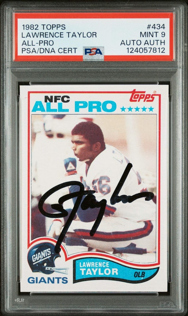 Lawrence Taylor 1982 Topps Rookie Card Signed PSA Graded 9 Auto: Lawrence Taylor 1982 Topps Rookie Card Signed PSA Graded 9 Auto This is an original 1982 Topps Lawrence Taylor #434 rookie card, featuring an authenticated autograph by Lawrence Taylor. The card has b