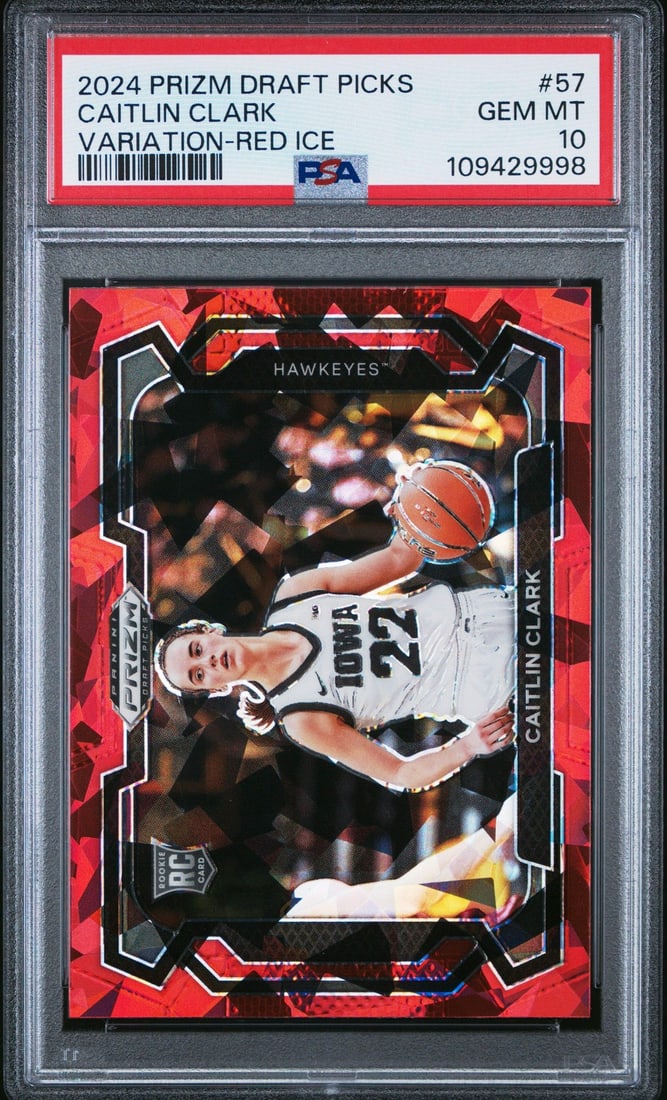 2024 Panini Prizm DP Caitlin Clark #57 Red Ice RC Card PSA 10: 2024 Panini Prizm DP Caitlin Clark #57 Red Ice RC Card PSA 10 This is a graded 2024 Panini Prizm DP Caitlin Clark #57 Variation Red Ice RC Card, achieving a perfect PSA 10 grade. The card features Cai
