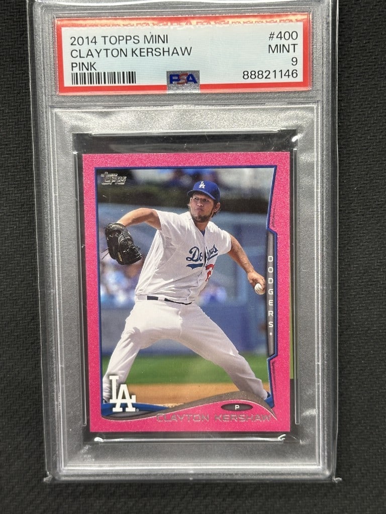 Clayton Kershaw 2014 Topps Mini Pink Foil PSA 9 Dodgers Card #400: Clayton Kershaw 2014 Topps Mini Pink Foil PSA 9 Dodgers Card #400 This 2014 Topps Mini Pink Foil Baseball Card features Clayton Kershaw, a standout pitcher for the Los Angeles Dodgers. Graded by Profe