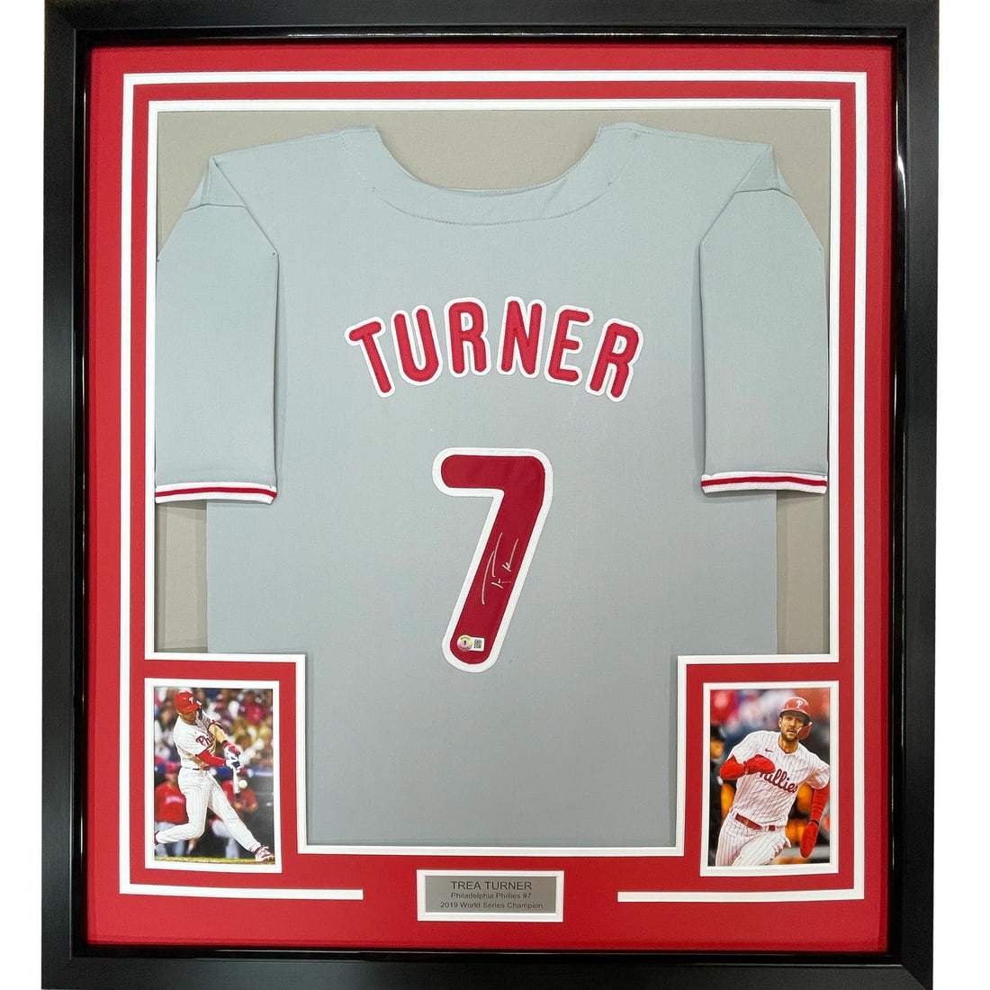 Framed Autographed Trea Turner Philadelphia Phillies Grey Jersey with BAS COA: Framed Autographed Trea Turner Philadelphia Phillies Grey Jersey with BAS COA Celebrate your love for baseball with this professionally framed and autographed Trea Turner Philadelphia Phillies jersey.