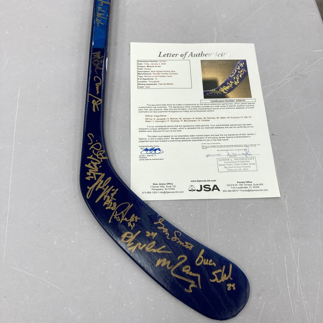 Hockey Stick Signed by 1980 USA Olympic Team with JSA Authentication: Hockey Stick Signed by 1980 USA Olympic Team with JSA Authentication This is an original 1980 Team USA "Miracle on Ice" hockey stick signed by 15 members of the team. The signatures, including Craig P