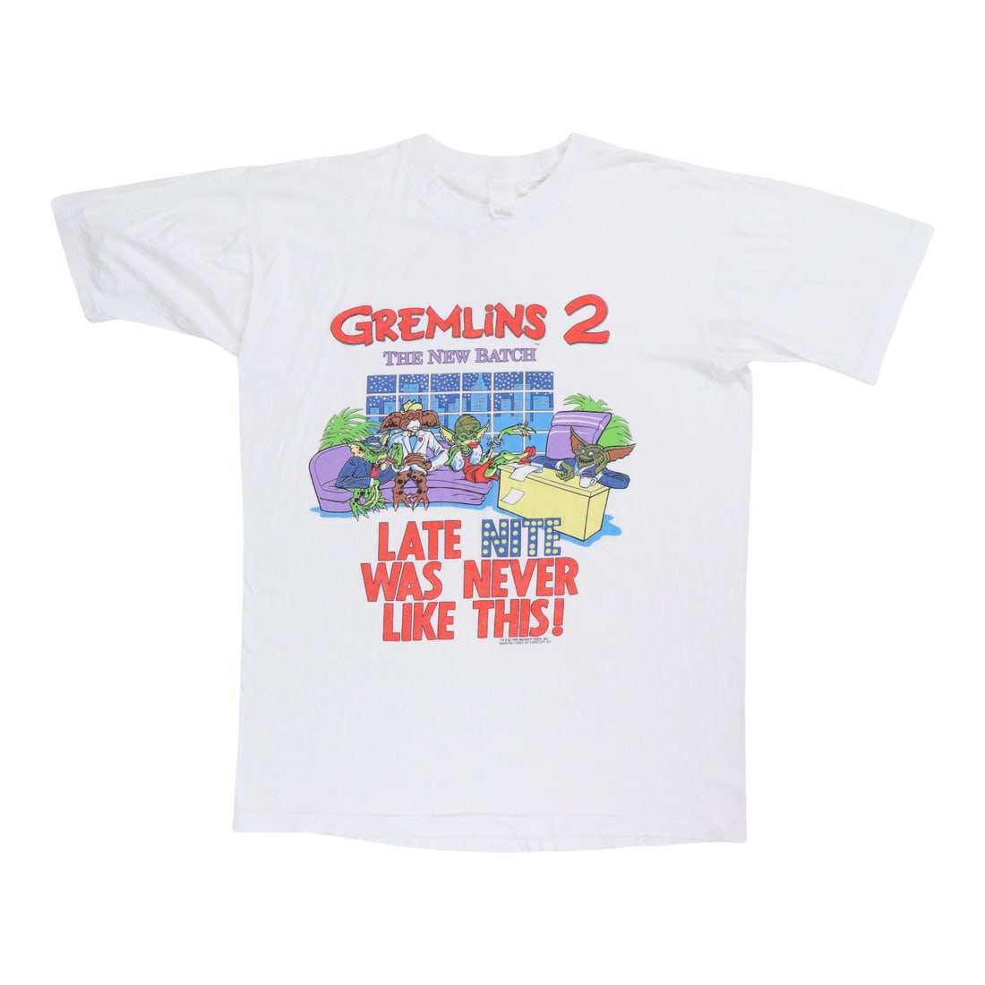 Vintage 1990 Gremlins 2 White Cotton Graphic T-Shirt Late Night Theme: Vintage 1990 Gremlins 2 White Cotton Graphic T-Shirt Late Night Theme This is an original vintage 1990 "Gremlins 2: Late Night Was Never Like This" shirt featuring graphics on both the front and back.