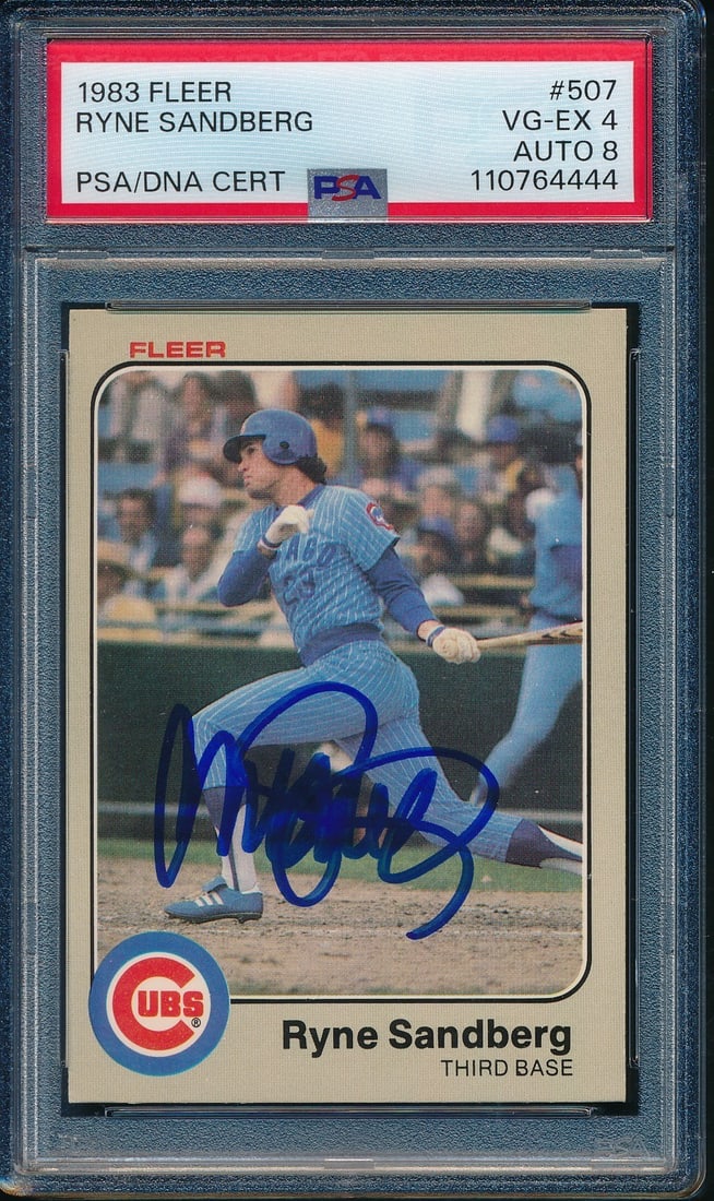 Ryne Sandberg HOF Signed 1983 Fleer Rookie Card #507 PSA/DNA: Ryne Sandberg HOF Signed 1983 Fleer Rookie Card #507 PSA/DNA This is an original Ryne Sandberg Hall of Fame autographed 1983 Fleer Rookie Card #507 featuring the legendary Chicago Cubs player. The car