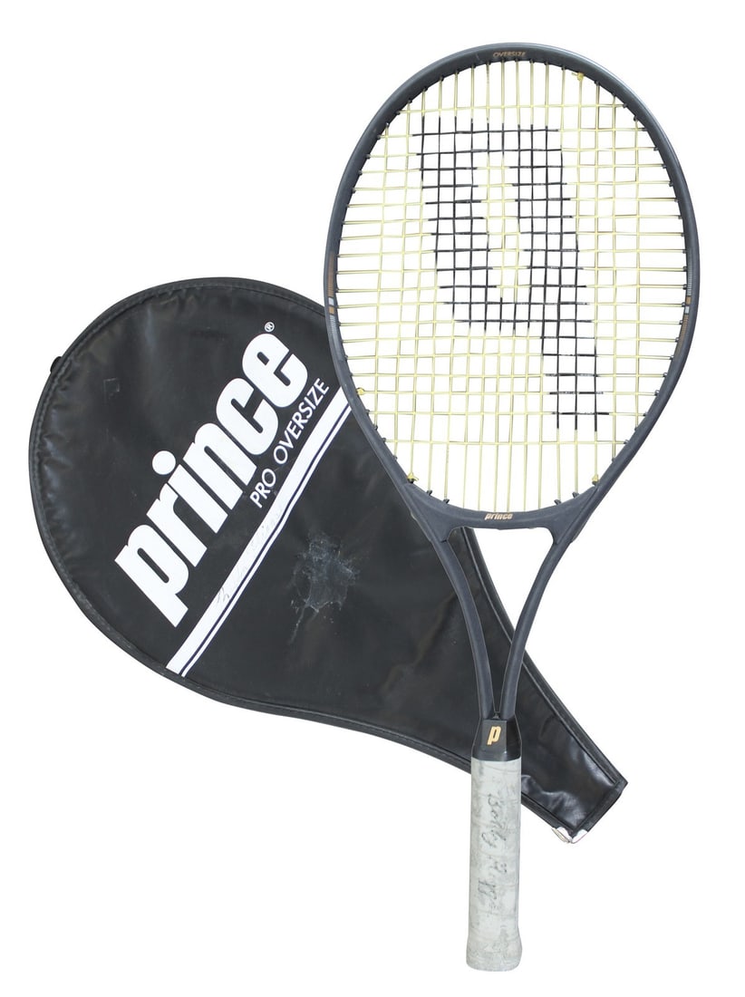 Bobby Riggs Autographed Penn Prince Pro Oversize Tennis Racket with Cover BAS: Bobby Riggs Autographed Penn Prince Pro Oversize Tennis Racket with Cover BAS This Penn Prince Pro Oversize racket and cover have been personally signed twice by Bobby Riggs. The signatures have been