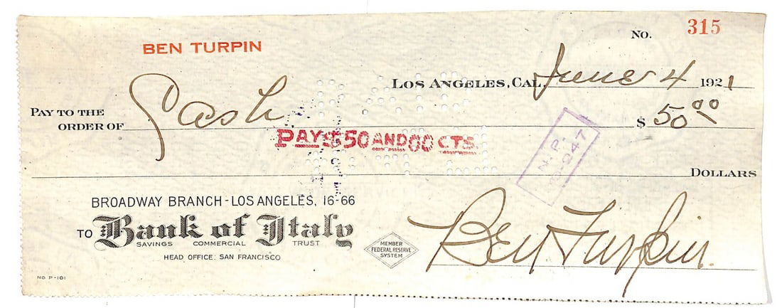 Ben Turpin Signed Original Check JSA Authenticated Silent Film Star (1 of 3)
