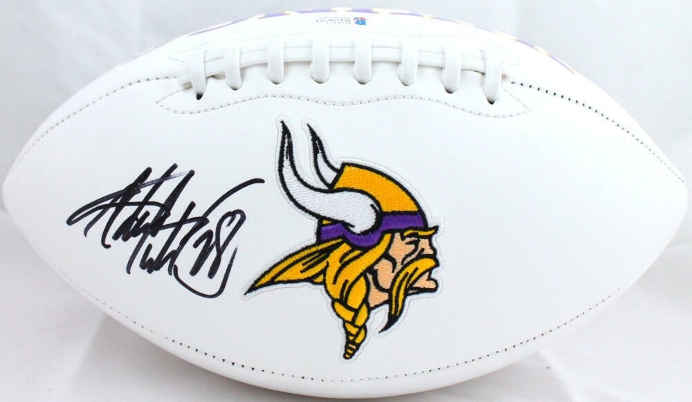 Signed Minnesota Vikings Logo Football Adrian Peterson Beckett Authenticated: Signed Minnesota Vikings Logo Football Adrian Peterson Beckett Authenticated This football features the Minnesota Vikings logo and has been autographed by Adrian Peterson. The autograph has been authe