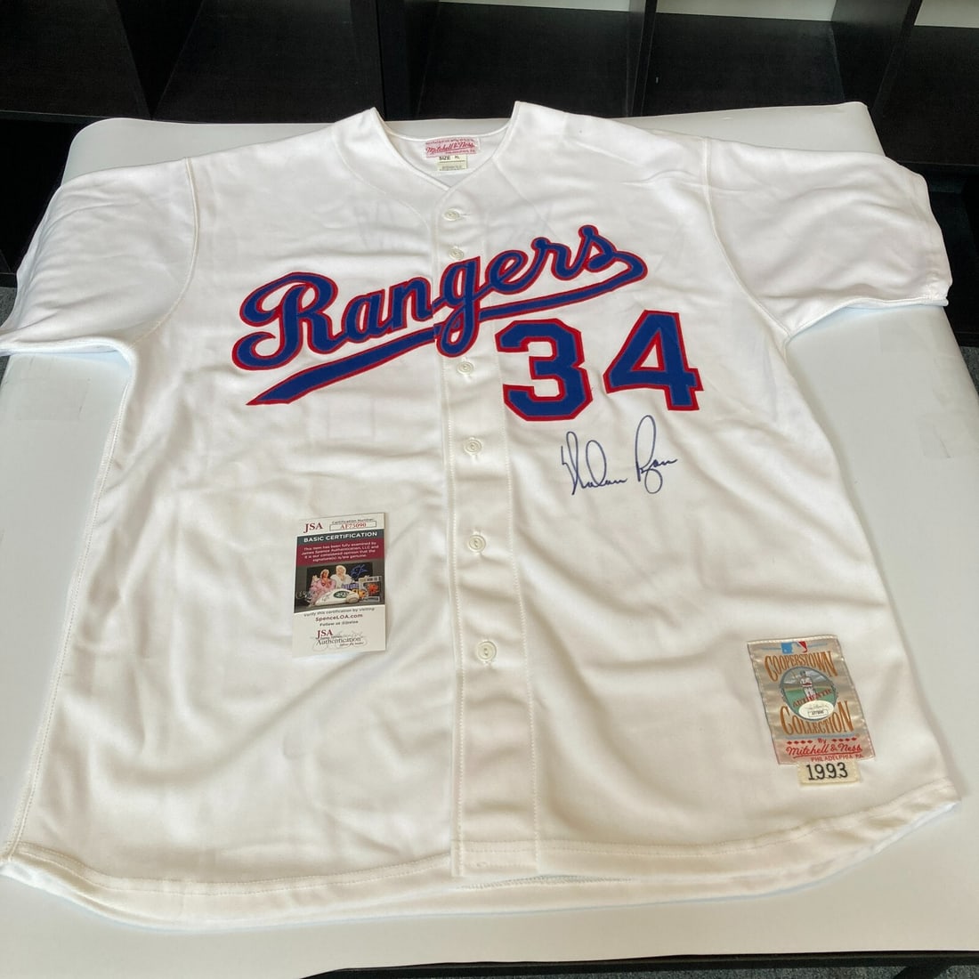 Nolan Ryan Signed 1993 Texas Rangers Jersey Mitchell & Ness JSA Certified: Nolan Ryan Signed 1993 Texas Rangers Jersey Mitchell & Ness JSA Certified This authentic 1993 Texas Rangers jersey, signed by baseball legend Nolan Ryan, is a must-have for any serious collector. Craf