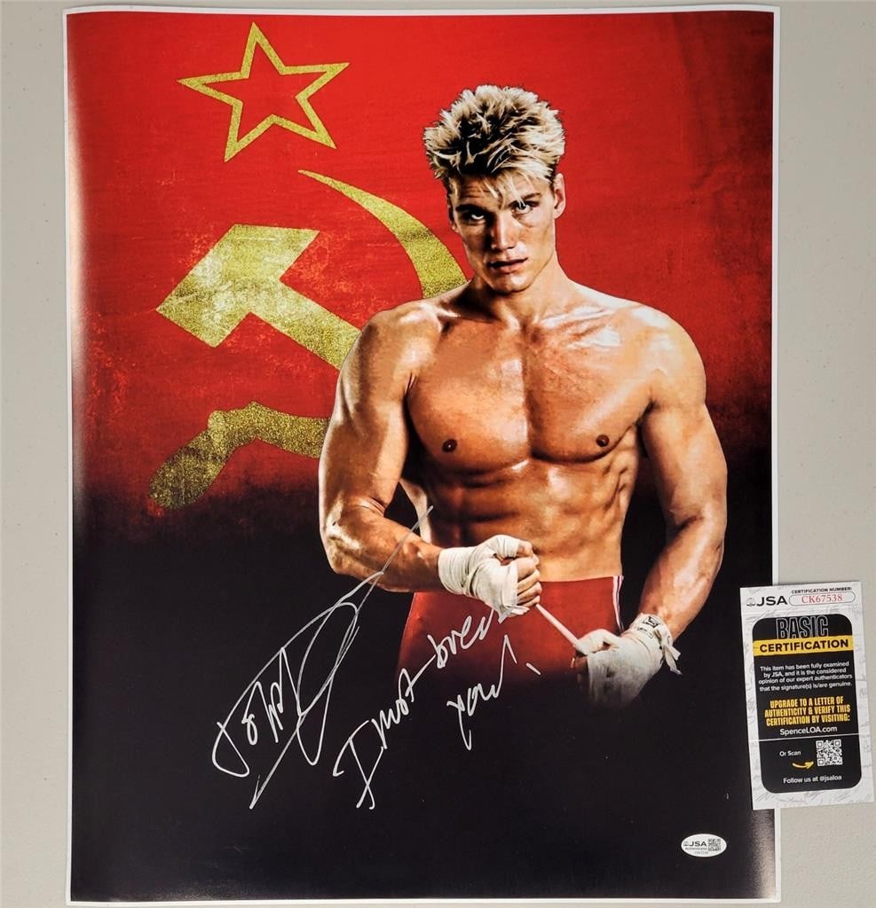 16x20 Rocky Photograph Autographed by Dolph Lundgren as Drago with JSA COA: 16x20 Rocky Photograph Autographed by Dolph Lundgren as Drago with JSA COA This is an original 16x20 photograph from the movie Rocky, signed by Dolph Lundgren with the inscription "I Must Break You!".