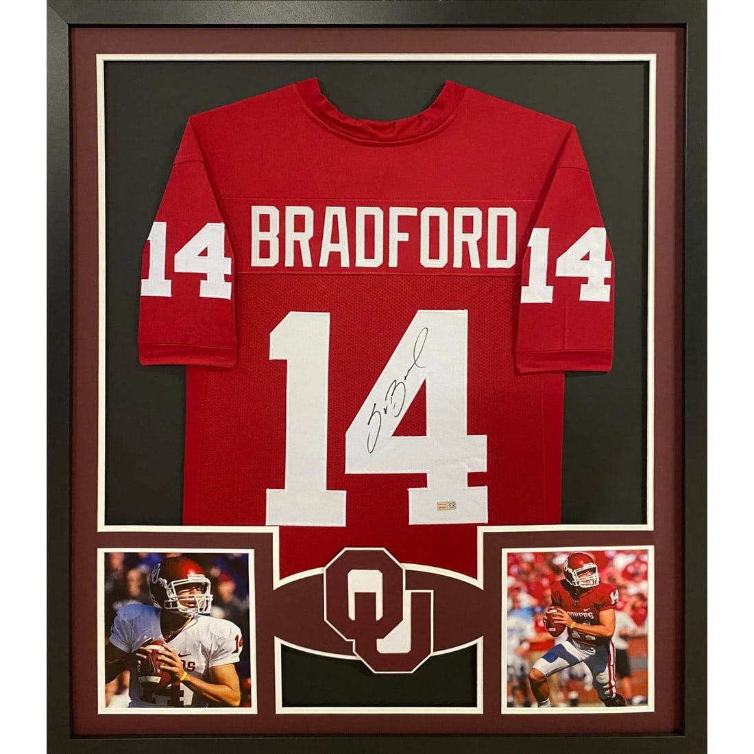 Framed Oklahoma Jersey Signed by Sam Bradford Tristar Authenticated: Framed Oklahoma Jersey Signed by Sam Bradford Tristar Authenticated This framed Oklahoma jersey is autographed by Sam Bradford and features detailed framing with the team logo. The jersey is authentic