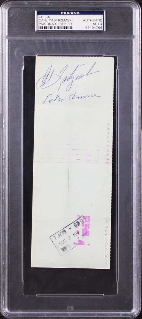 Carl Yastrzemski Signed 3x8.25 Check March 19 1976 PSA Authenticated: Carl Yastrzemski Signed 3x8.25 Check March 19 1976 PSA Authenticated This authentic March 19, 1976, check from State Street Bank measures 3x8.25 inches and features the signature of Carl Yastrzemski,
