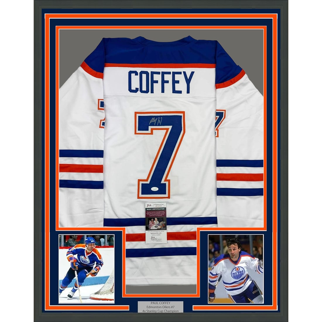 Framed Paul Coffey Autographed Jersey Edmonton Oilers JSA COA 35x39: Framed Paul Coffey Autographed Jersey Edmonton Oilers JSA COA 35x39 This professionally framed and matted hockey jersey features the autograph of NHL legend Paul Coffey, a key player for the Edmonton
