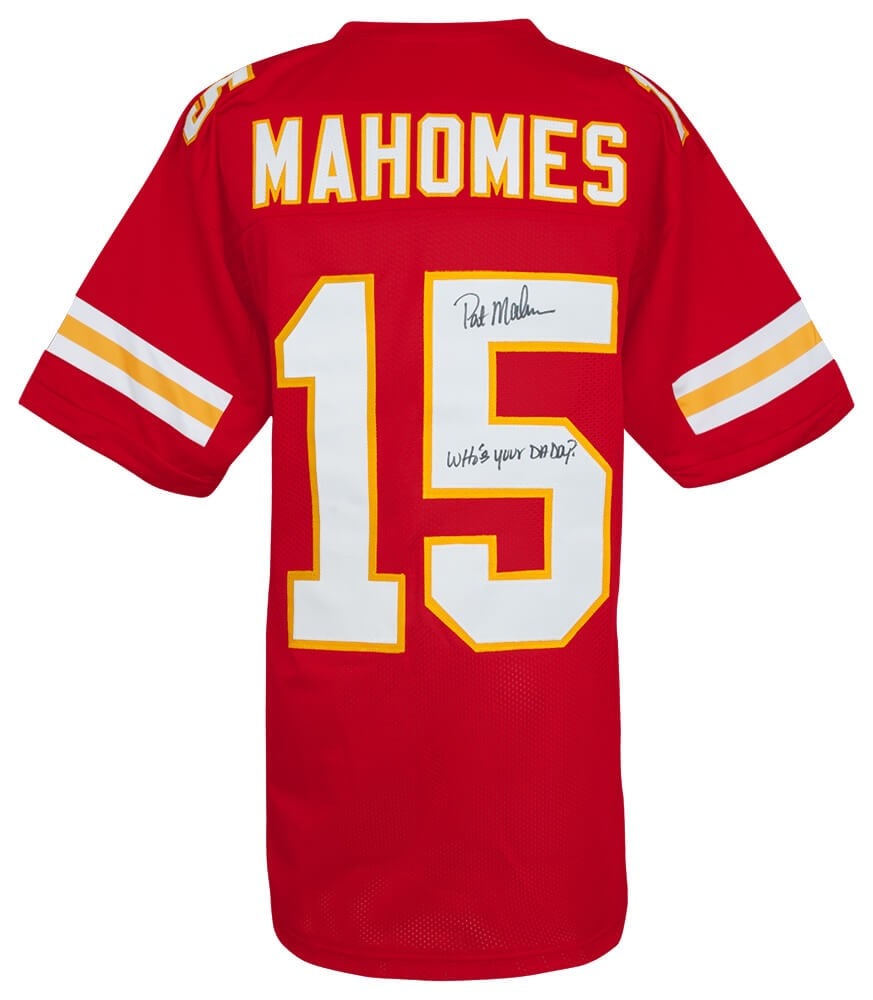 Pat Mahomes Sr Signed Red Custom Football Jersey with Inscription (1 of 3)