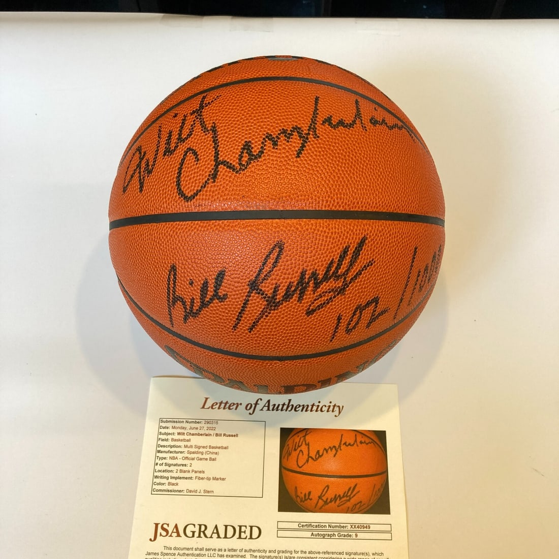 Wilt Chamberlain Bill Russell Signed NBA Basketball JSA Graded 9 MINT: Wilt Chamberlain Bill Russell Signed NBA Basketball JSA Graded 9 MINT This original Spalding Official NBA game basketball features the remarkable signatures of two basketball legends, Wilt Chamberlain