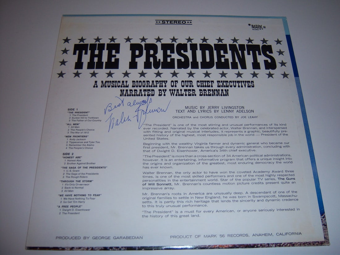 Signed Walter Brennan The Presidents LP Record With COA: Signed Walter Brennan The Presidents LP Record With COA This is an original LP record titled "The Presidents" signed by Walter Brennan. The item is a pre-owned record from the United States and includ