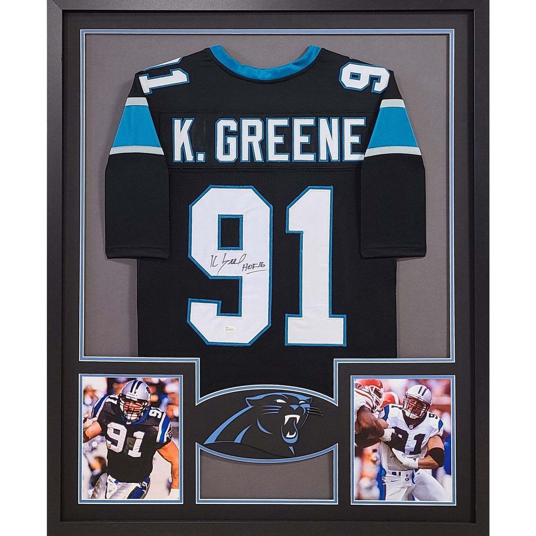 Kevin Greene Signed Jersey Framed Carolina Panthers JSA Authenticated: Kevin Greene Signed Jersey Framed Carolina Panthers JSA Authenticated This is an autographed Kevin Greene framed jersey, showcasing the iconic Carolina Panthers logo. The jersey is authenticated by JS