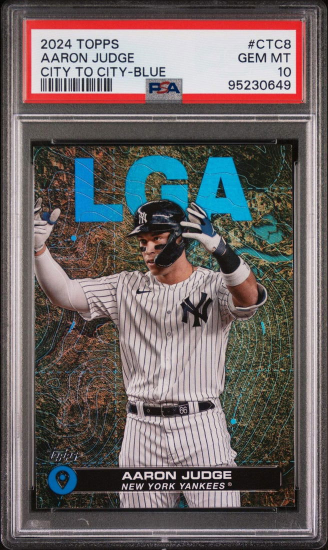 2024 Topps Aaron Judge #CTC8 City to City Blue Card PSA 10 Gem: 2024 Topps Aaron Judge #CTC8 City to City Blue Card PSA 10 Gem This is a graded 2024 Topps Aaron Judge #CTC8 City to City Blue Baseball Card, featuring the star player of the New York Yankees. The car