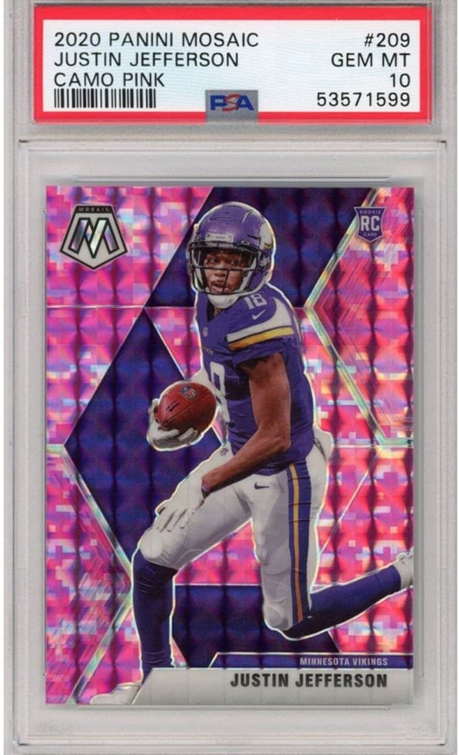 2020 Panini Mosaic Justin Jefferson #209 Camo Pink Rookie PSA 10 NFL Card (1 of 2)