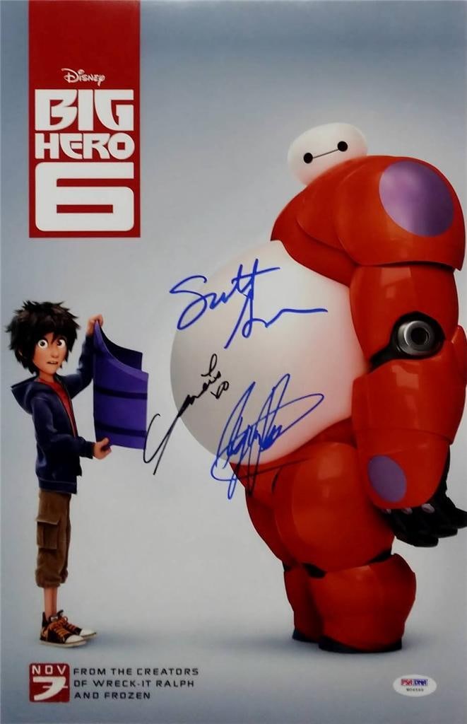Big Hero 6 11x17 Photo Signed by Adsit Potter Rodriguez PSA/DNA Authenticated: Big Hero 6 11x17 Photo Signed by Adsit Potter Rodriguez PSA/DNA Authenticated This original 11x17 photograph from Big Hero 6 is signed by Scott Adsit, Ryan Potter, and Genesis Rodriguez. Authenticated