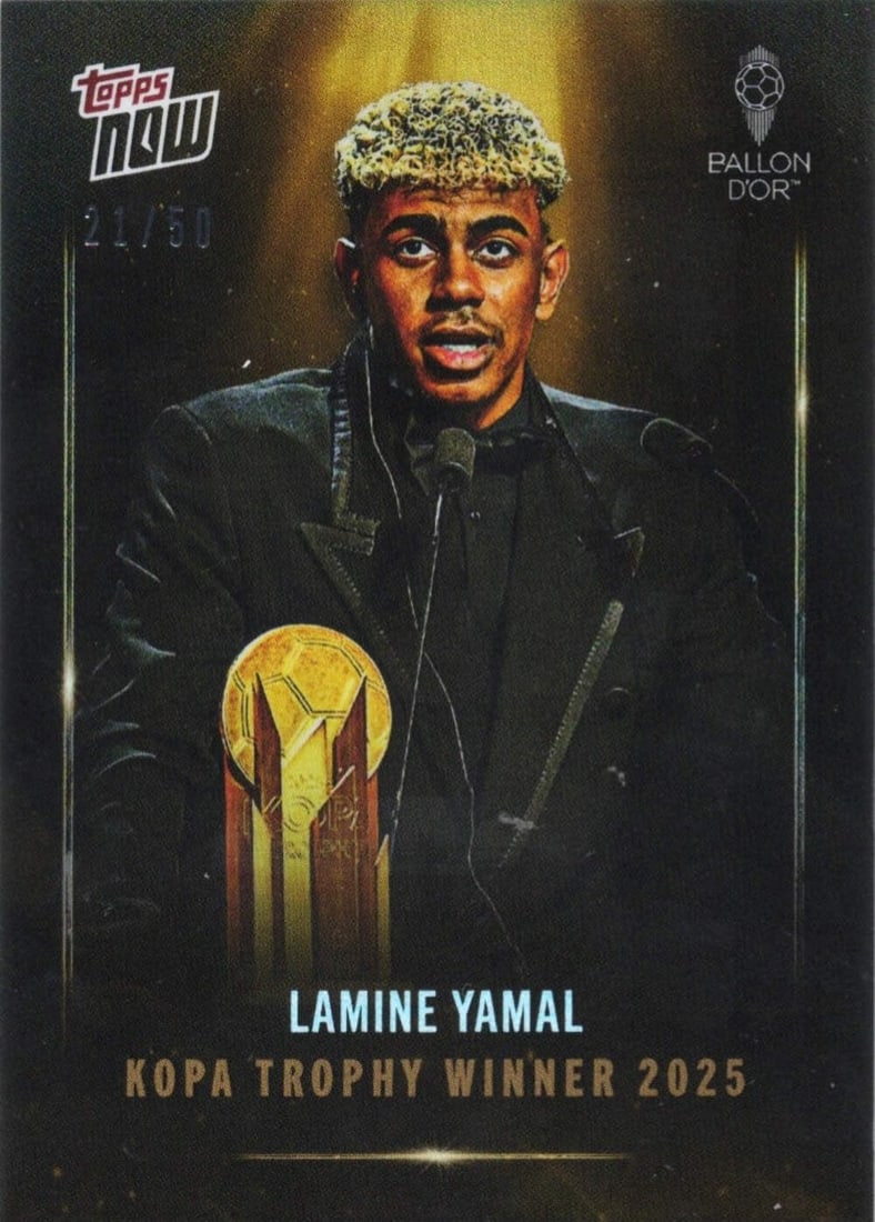2025 Topps Now Lamine Yamal Kopa Trophy Winner Gold Foil /50 Soccer Card: 2025 Topps Now Lamine Yamal Kopa Trophy Winner Gold Foil /50 Soccer Card Celebrate the remarkable achievement of Lamine Yamal with this 2025 Topps Now Kopa Trophy Winner Gold Foil Soccer Card, limited