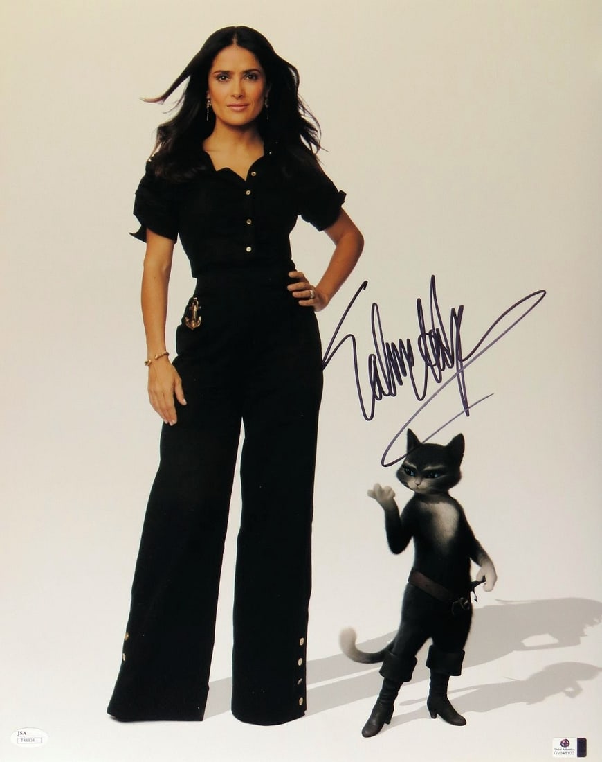 Salma Hayek Autographed 16X20 Photo Puss in Boots JSA Certified: Salma Hayek Autographed 16X20 Photo Puss in Boots JSA Certified This stunning 16x20 photograph features Salma Hayek, beautifully captured in her role as Puss in Boots. The photo is signed by Salma Hay