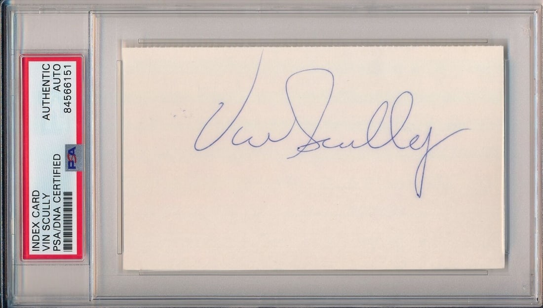 Autographed Vin Scully 3x5 Index Card PSA DNA Authenticated Los Angeles Dodgers: Autographed Vin Scully 3x5 Index Card PSA DNA Authenticated Los Angeles Dodgers This is a 3x5 index card signed by Vin Scully, the Hall of Fame broadcaster for the Los Angeles Dodgers. The autograph h